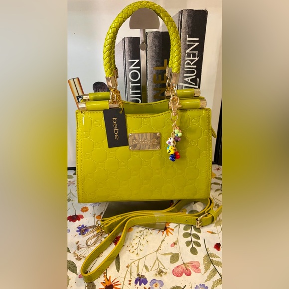 bebe Handbags - BEBE Lime Green Patent Satchel/Crossbody w/Braided Top Handle/Adjustable Strap